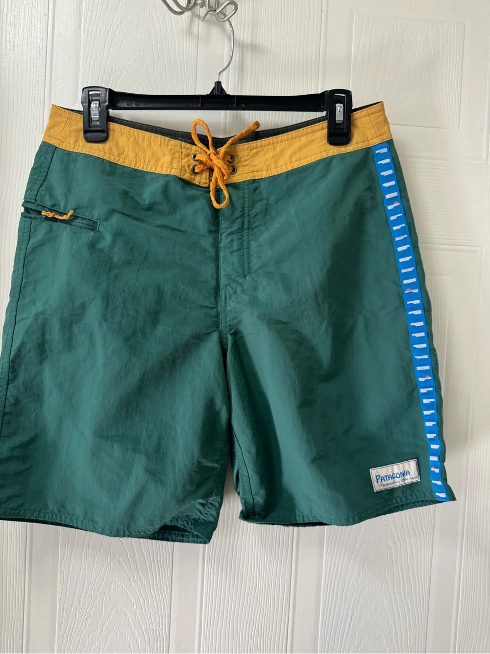 Patagonia Green Swim Board Shorts with Mustard Waistband and Blue Side Stripe